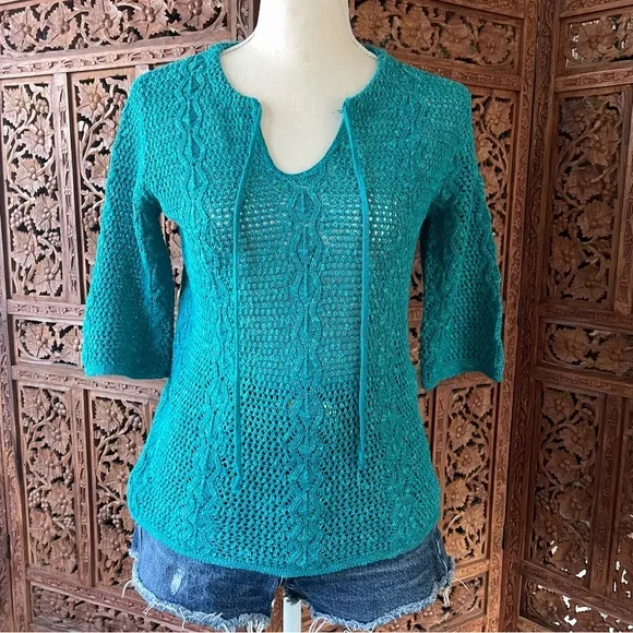 Vintage Teal Cotton Crochet Knit Tie-Neck Quarter Sleeve Sweater Boho Beach - Picture 7 of 13